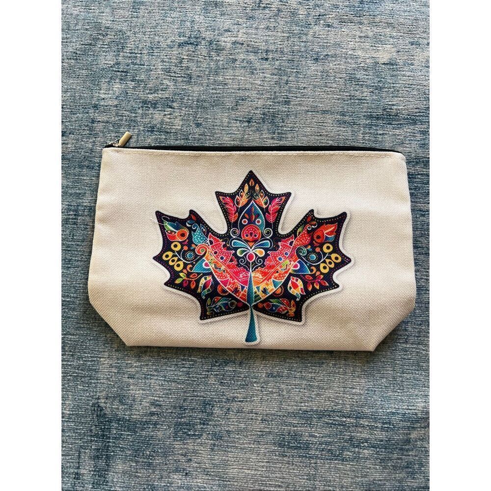 Colorful Maple Leaf Cotton Canvas Small Makeup Bag Travel Toiletry Pouch